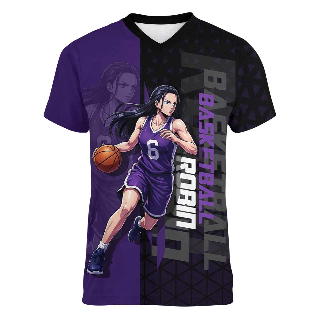 Nico Robin One Piece Basketball Theme Purple and Black Design Women V-Neck T-Shirt with Action Pose and Crew Emblem - The Mazicc