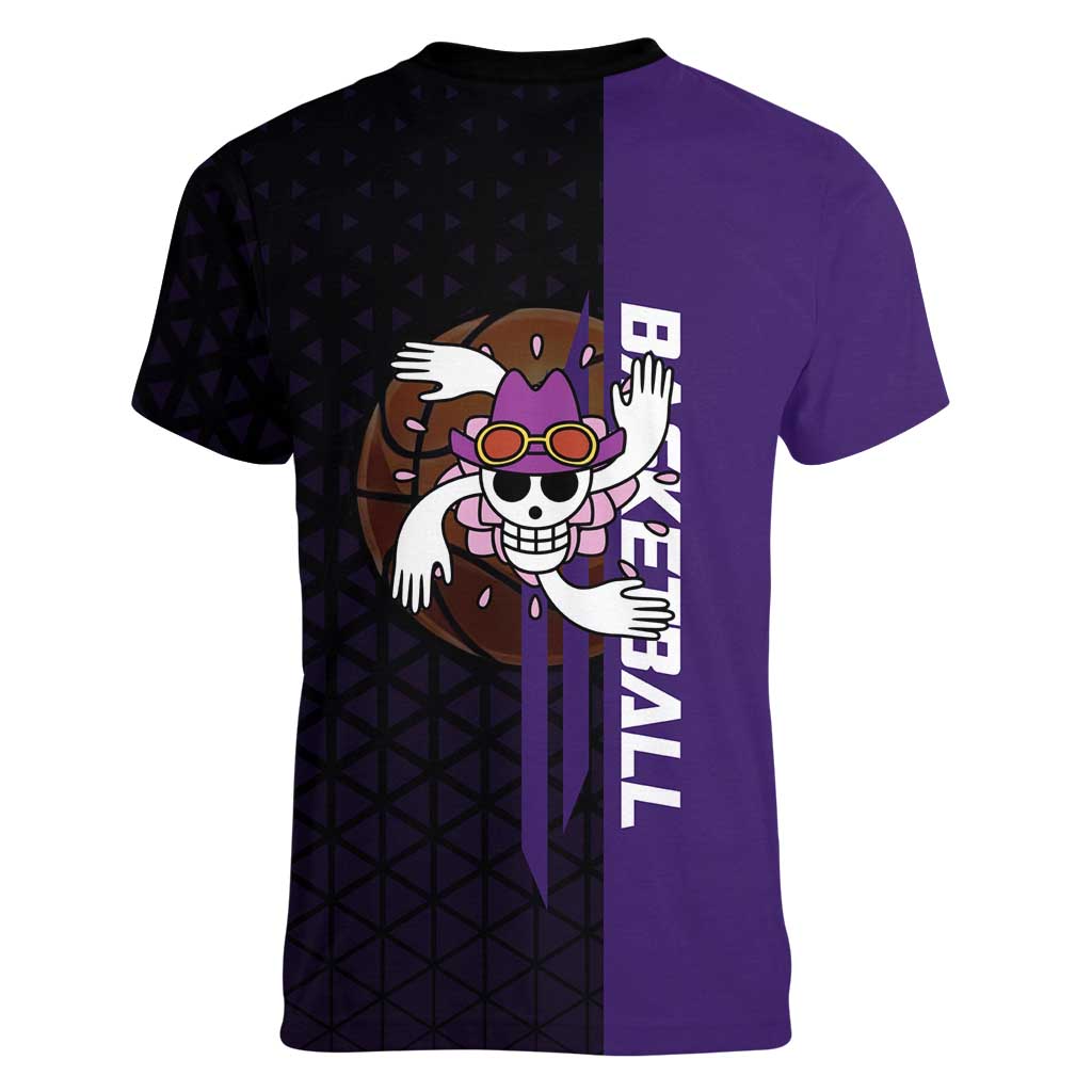 Nico Robin One Piece Basketball Theme Purple and Black Design Women V-Neck T-Shirt with Action Pose and Crew Emblem - The Mazicc