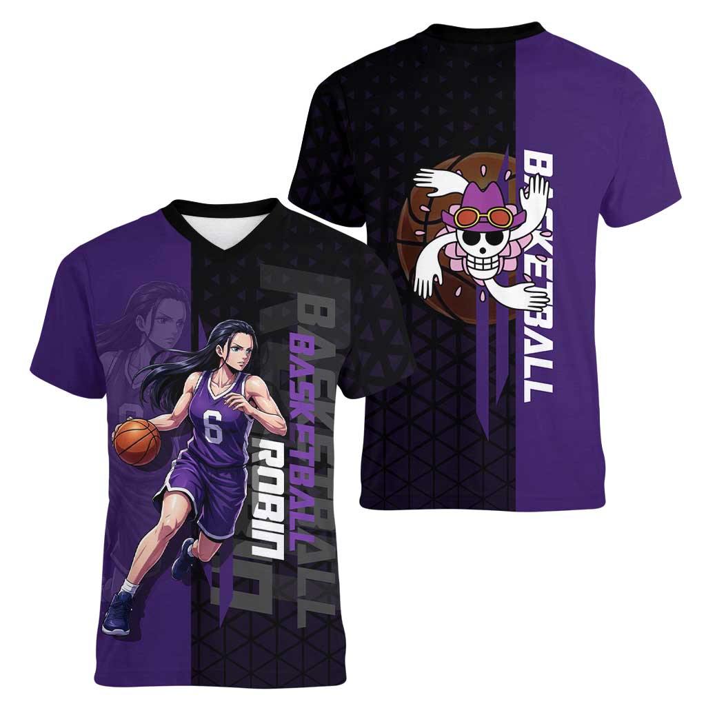 Nico Robin One Piece Basketball Theme Purple and Black Design Women V-Neck T-Shirt with Action Pose and Crew Emblem - The Mazicc