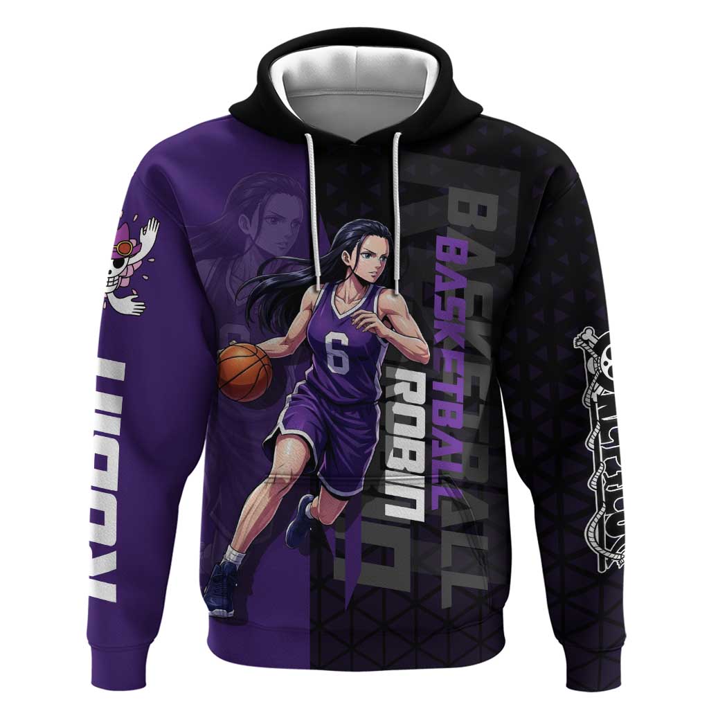 Nico Robin One Piece Basketball Theme Purple and Black Design Zip Hoodie with Action Pose and Crew Emblem - The Mazicc