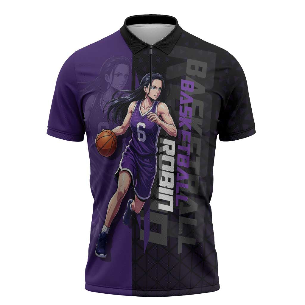 Nico Robin One Piece Basketball Theme Purple and Black Design Zipper Polo Shirt with Action Pose and Crew Emblem - The Mazicc