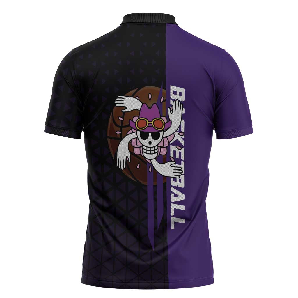 Nico Robin One Piece Basketball Theme Purple and Black Design Zipper Polo Shirt with Action Pose and Crew Emblem - The Mazicc