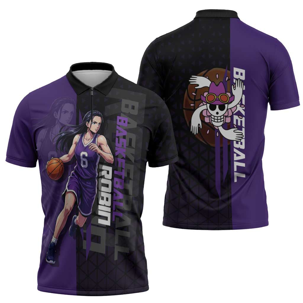 Nico Robin One Piece Basketball Theme Purple and Black Design Zipper Polo Shirt with Action Pose and Crew Emblem - The Mazicc