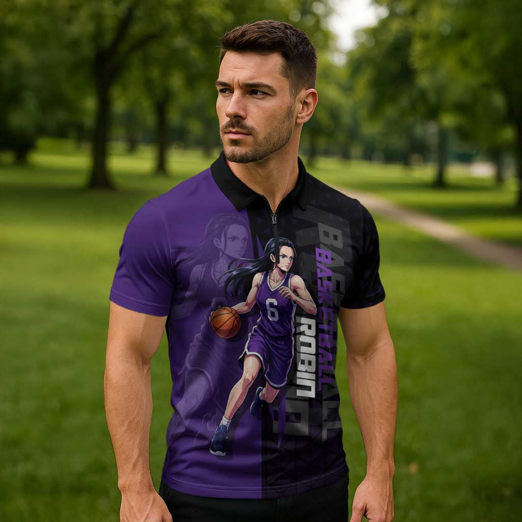 Nico Robin One Piece Basketball Theme Purple and Black Design Zipper Polo Shirt with Action Pose and Crew Emblem - The Mazicc