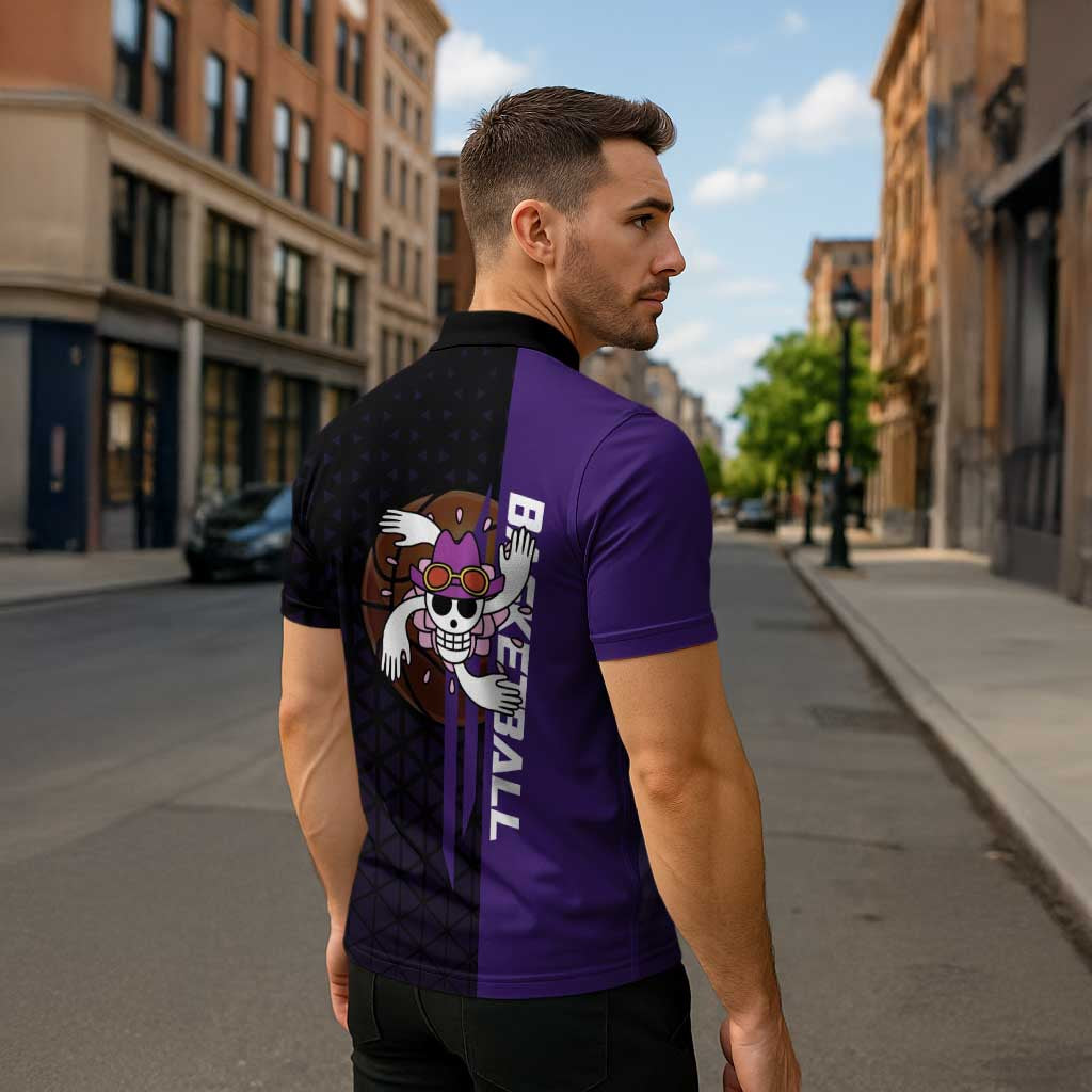 Nico Robin One Piece Basketball Theme Purple and Black Design Zipper Polo Shirt with Action Pose and Crew Emblem - The Mazicc
