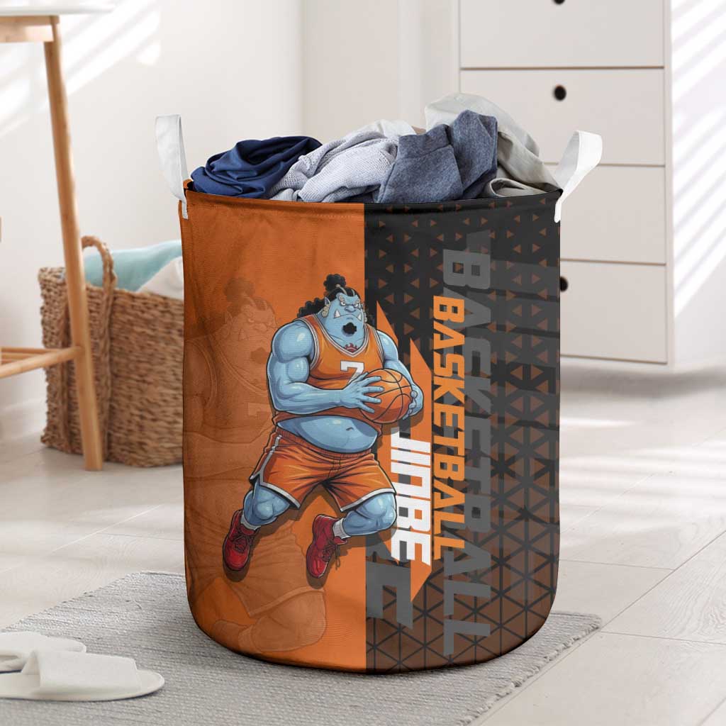 Jinbe One Piece Basketball Theme Orange and Black Design Laundry Basket with Powerful Pose and Sun Pirates Emblem - The Mazicc