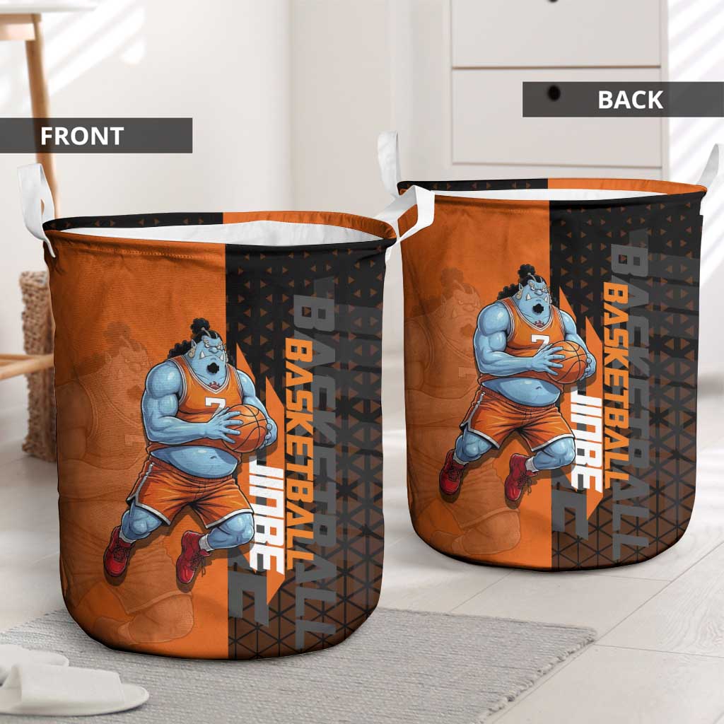 Jinbe One Piece Basketball Theme Orange and Black Design Laundry Basket with Powerful Pose and Sun Pirates Emblem - The Mazicc