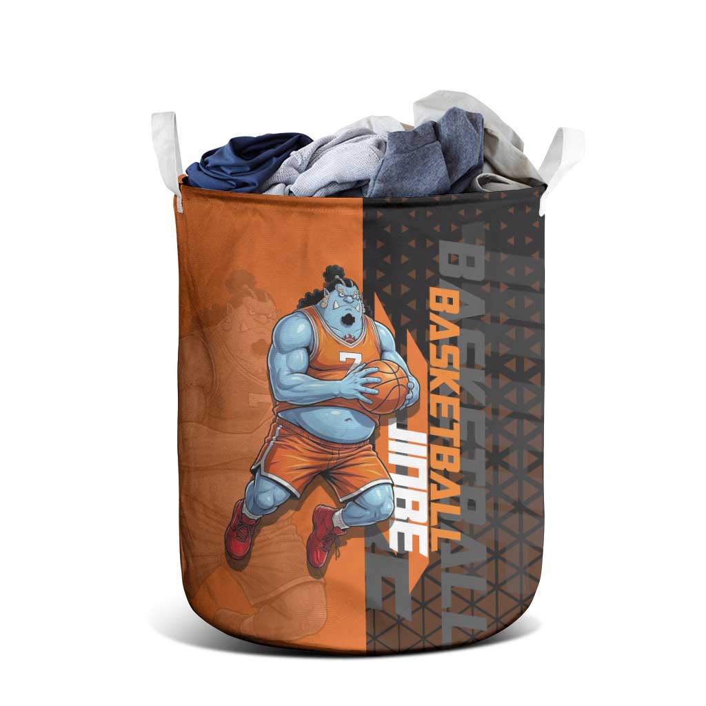 Jinbe One Piece Basketball Theme Orange and Black Design Laundry Basket with Powerful Pose and Sun Pirates Emblem - The Mazicc