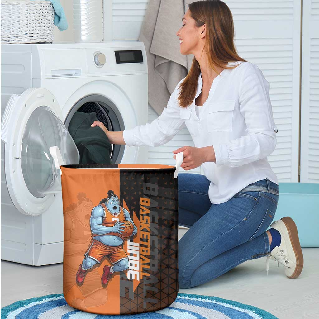 Jinbe One Piece Basketball Theme Orange and Black Design Laundry Basket with Powerful Pose and Sun Pirates Emblem - The Mazicc