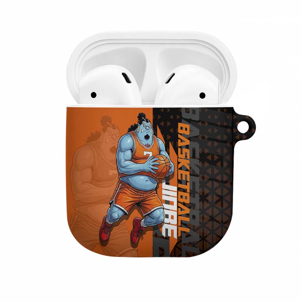 Jinbe One Piece Basketball Theme Orange and Black Design AirPods Case with Powerful Pose and Sun Pirates Emblem - The Mazicc