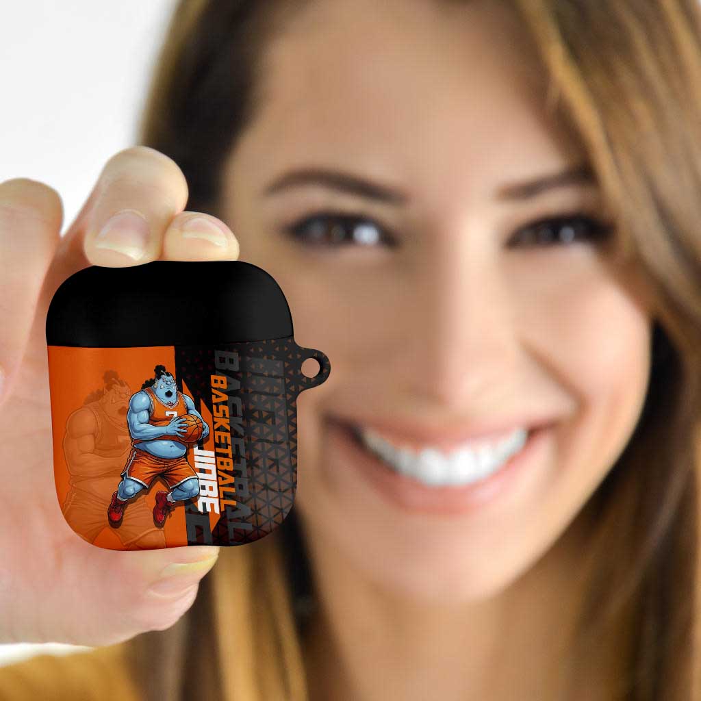 Jinbe One Piece Basketball Theme Orange and Black Design AirPods Case with Powerful Pose and Sun Pirates Emblem - The Mazicc