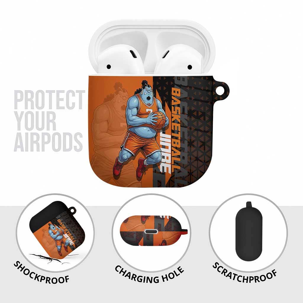 Jinbe One Piece Basketball Theme Orange and Black Design AirPods Case with Powerful Pose and Sun Pirates Emblem - The Mazicc