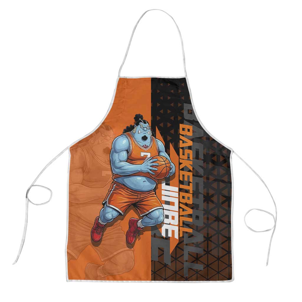 Jinbe One Piece Basketball Theme Orange and Black Design Apron with Powerful Pose and Sun Pirates Emblem - The Mazicc