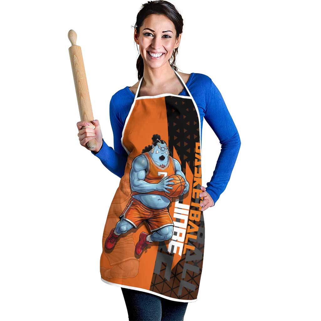 Jinbe One Piece Basketball Theme Orange and Black Design Apron with Powerful Pose and Sun Pirates Emblem - The Mazicc