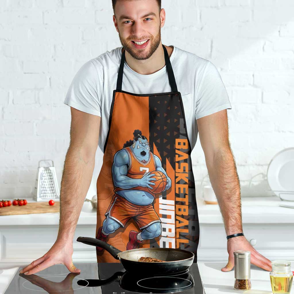 Jinbe One Piece Basketball Theme Orange and Black Design Apron with Powerful Pose and Sun Pirates Emblem - The Mazicc