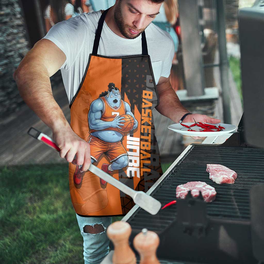 Jinbe One Piece Basketball Theme Orange and Black Design Apron with Powerful Pose and Sun Pirates Emblem - The Mazicc