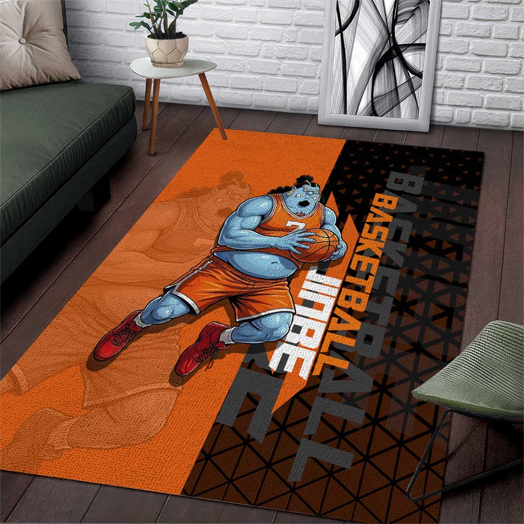 Jinbe One Piece Basketball Theme Orange and Black Design Area Rug with Powerful Pose and Sun Pirates Emblem - The Mazicc