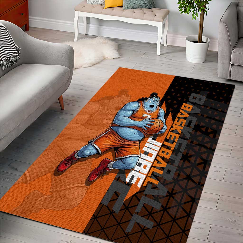 Jinbe One Piece Basketball Theme Orange and Black Design Area Rug with Powerful Pose and Sun Pirates Emblem - The Mazicc