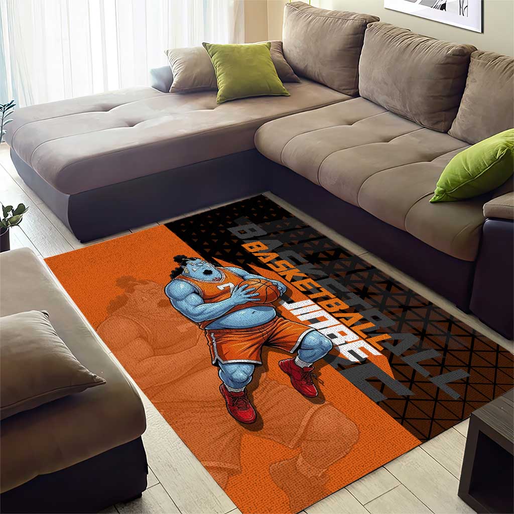 Jinbe One Piece Basketball Theme Orange and Black Design Area Rug with Powerful Pose and Sun Pirates Emblem - The Mazicc