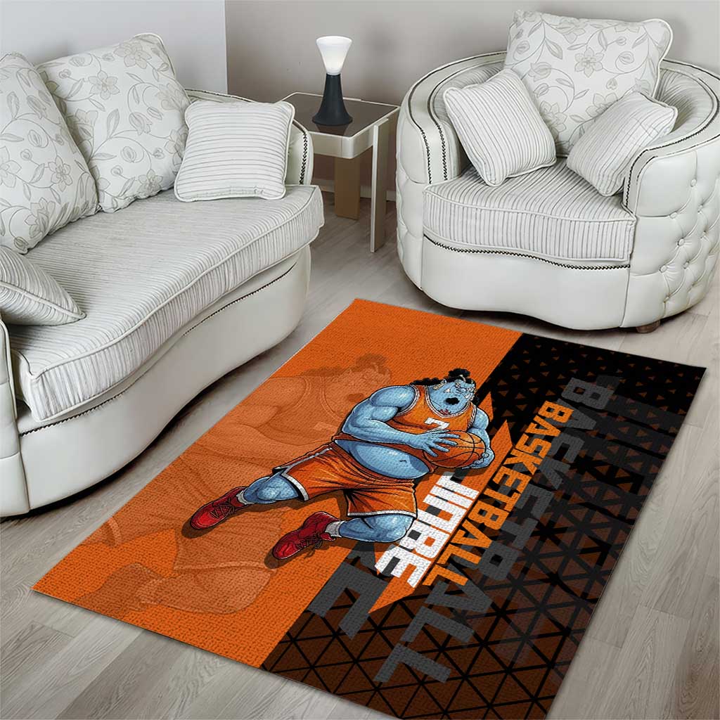 Jinbe One Piece Basketball Theme Orange and Black Design Area Rug with Powerful Pose and Sun Pirates Emblem - The Mazicc