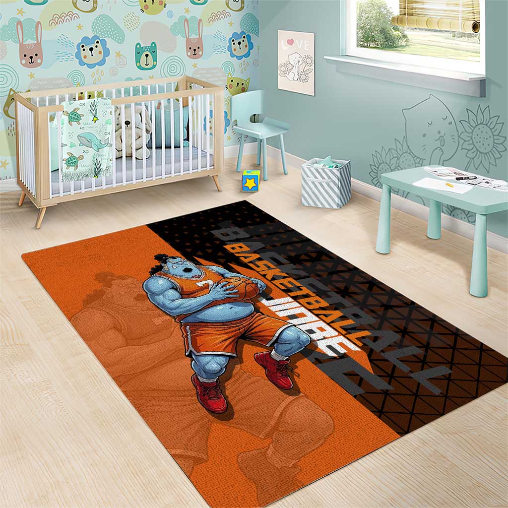 Jinbe One Piece Basketball Theme Orange and Black Design Area Rug with Powerful Pose and Sun Pirates Emblem - The Mazicc