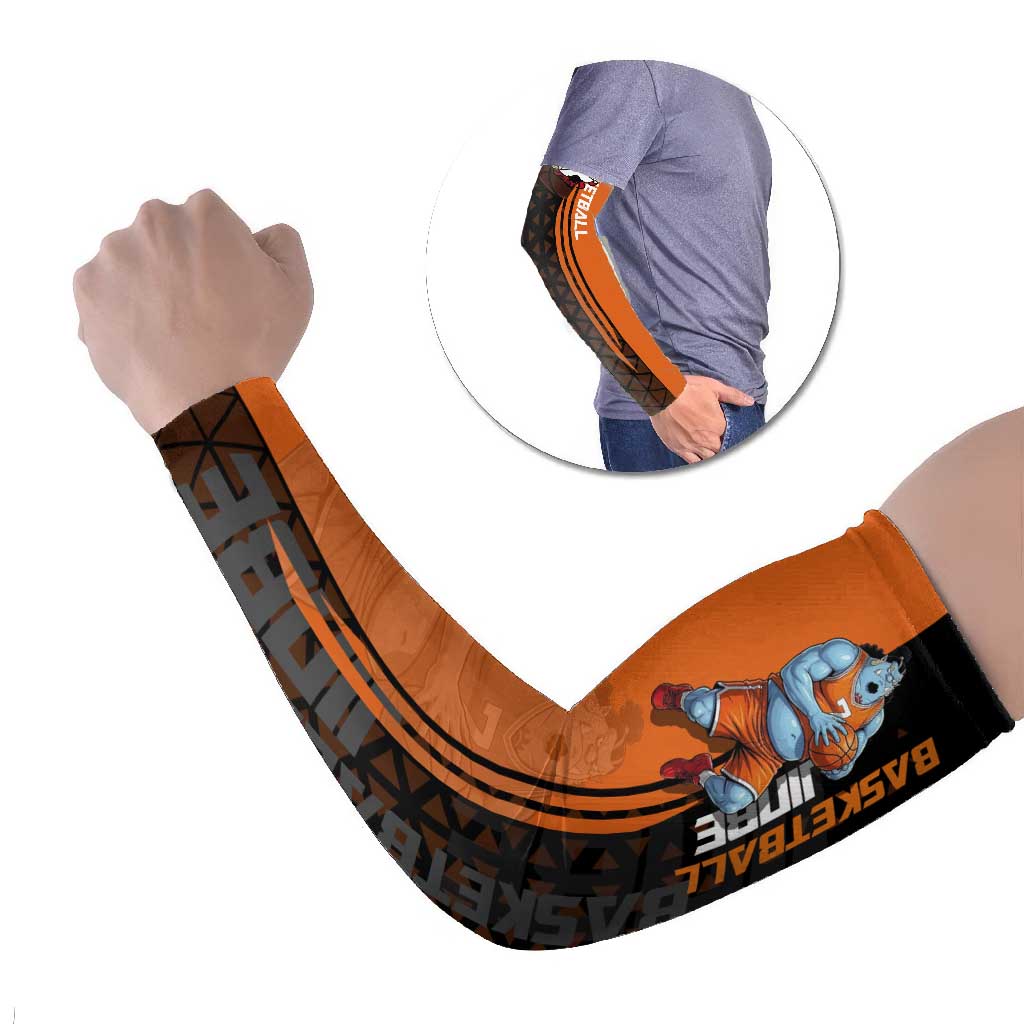 Jinbe One Piece Basketball Theme Orange and Black Design Arm Sleeves with Powerful Pose and Sun Pirates Emblem - The Mazicc