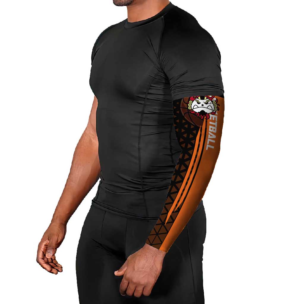 Jinbe One Piece Basketball Theme Orange and Black Design Arm Sleeves with Powerful Pose and Sun Pirates Emblem - The Mazicc