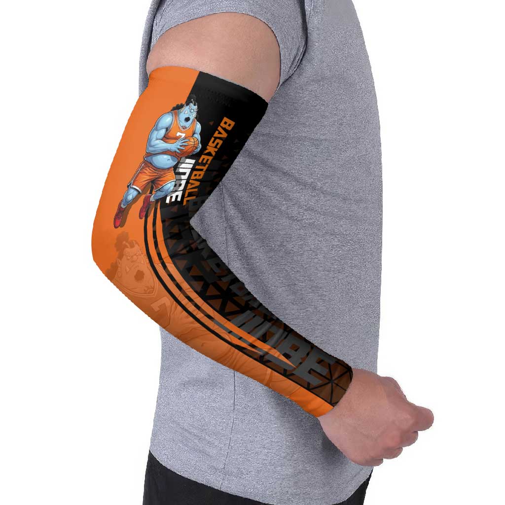 Jinbe One Piece Basketball Theme Orange and Black Design Arm Sleeves with Powerful Pose and Sun Pirates Emblem - The Mazicc