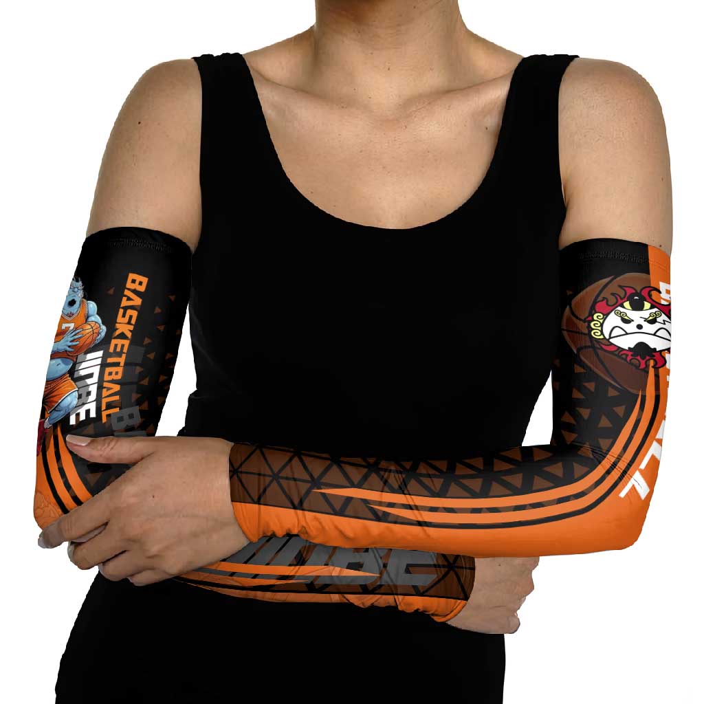 Jinbe One Piece Basketball Theme Orange and Black Design Arm Sleeves with Powerful Pose and Sun Pirates Emblem - The Mazicc