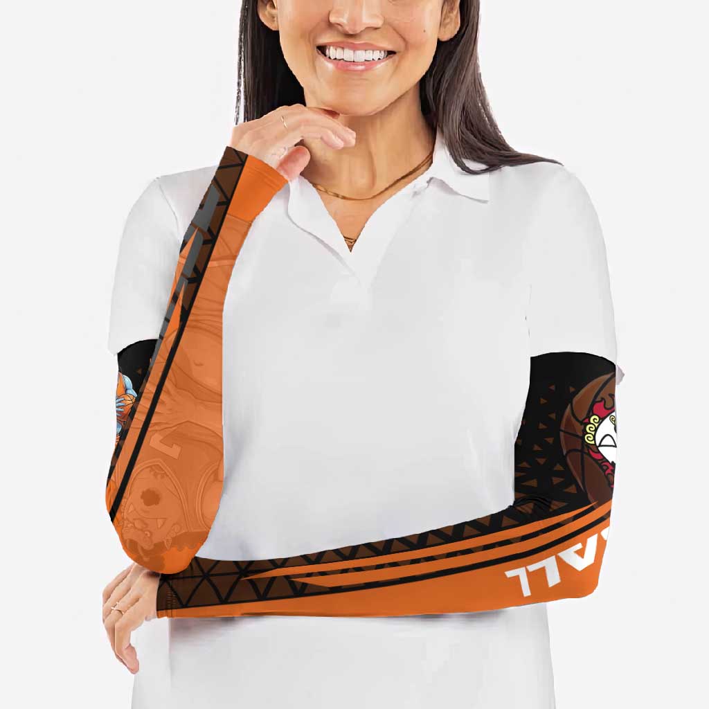 Jinbe One Piece Basketball Theme Orange and Black Design Arm Sleeves with Powerful Pose and Sun Pirates Emblem - The Mazicc