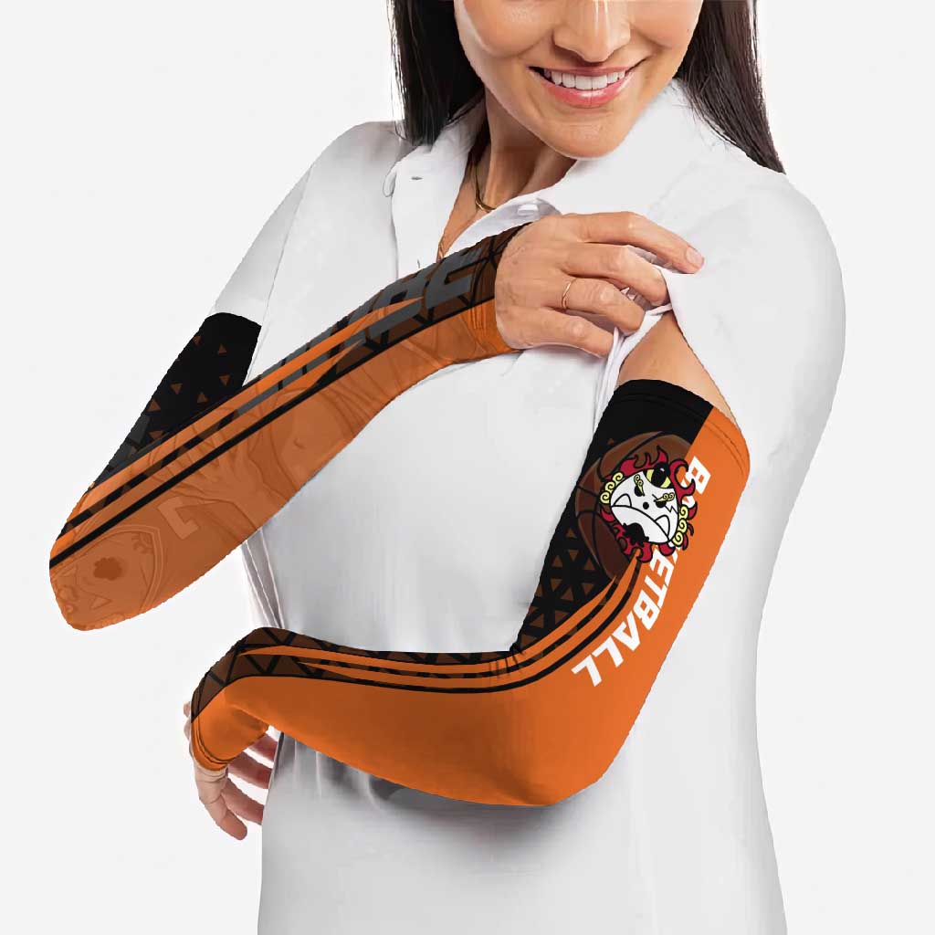 Jinbe One Piece Basketball Theme Orange and Black Design Arm Sleeves with Powerful Pose and Sun Pirates Emblem - The Mazicc