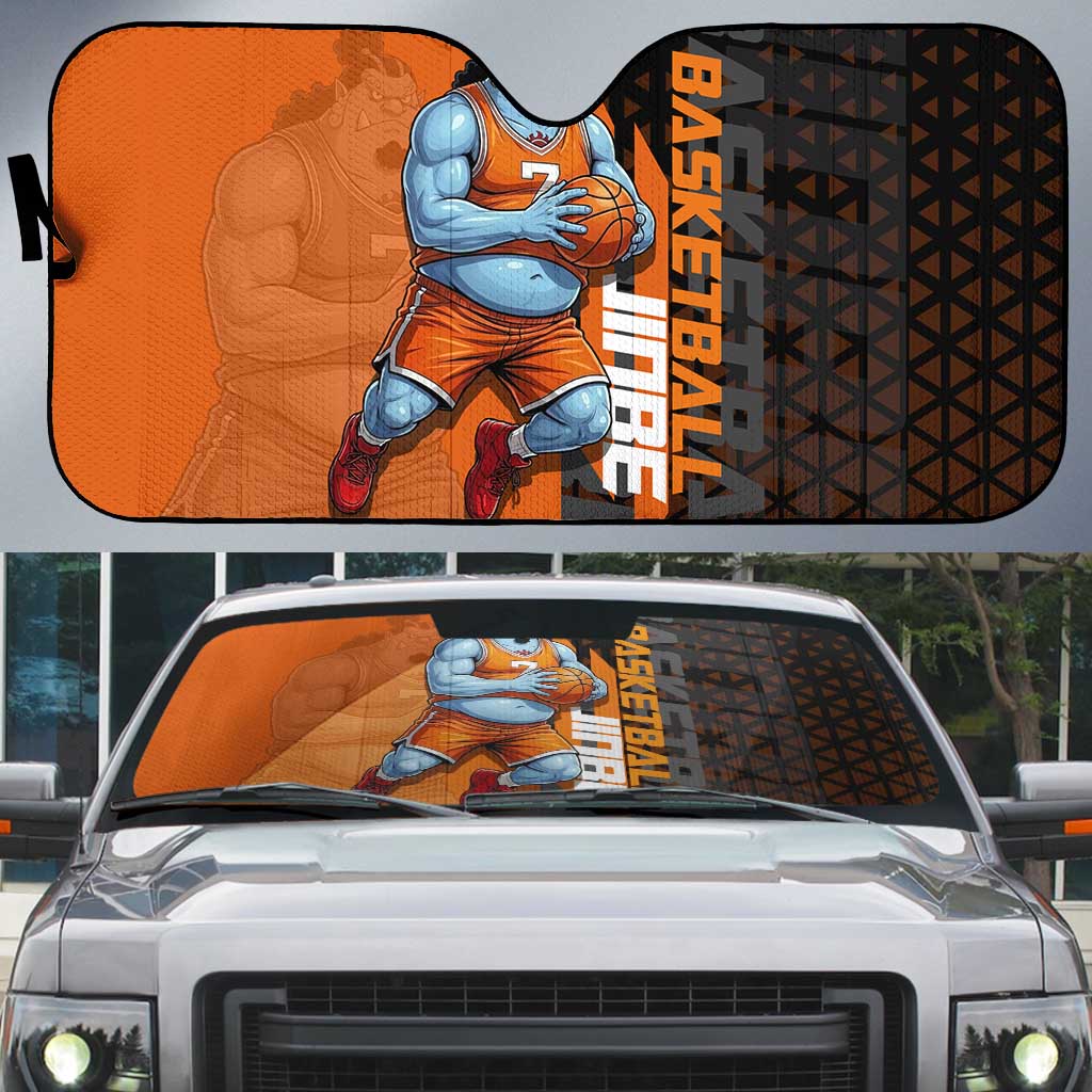 Jinbe One Piece Basketball Theme Orange and Black Design Auto Sun Shade with Powerful Pose and Sun Pirates Emblem - The Mazicc