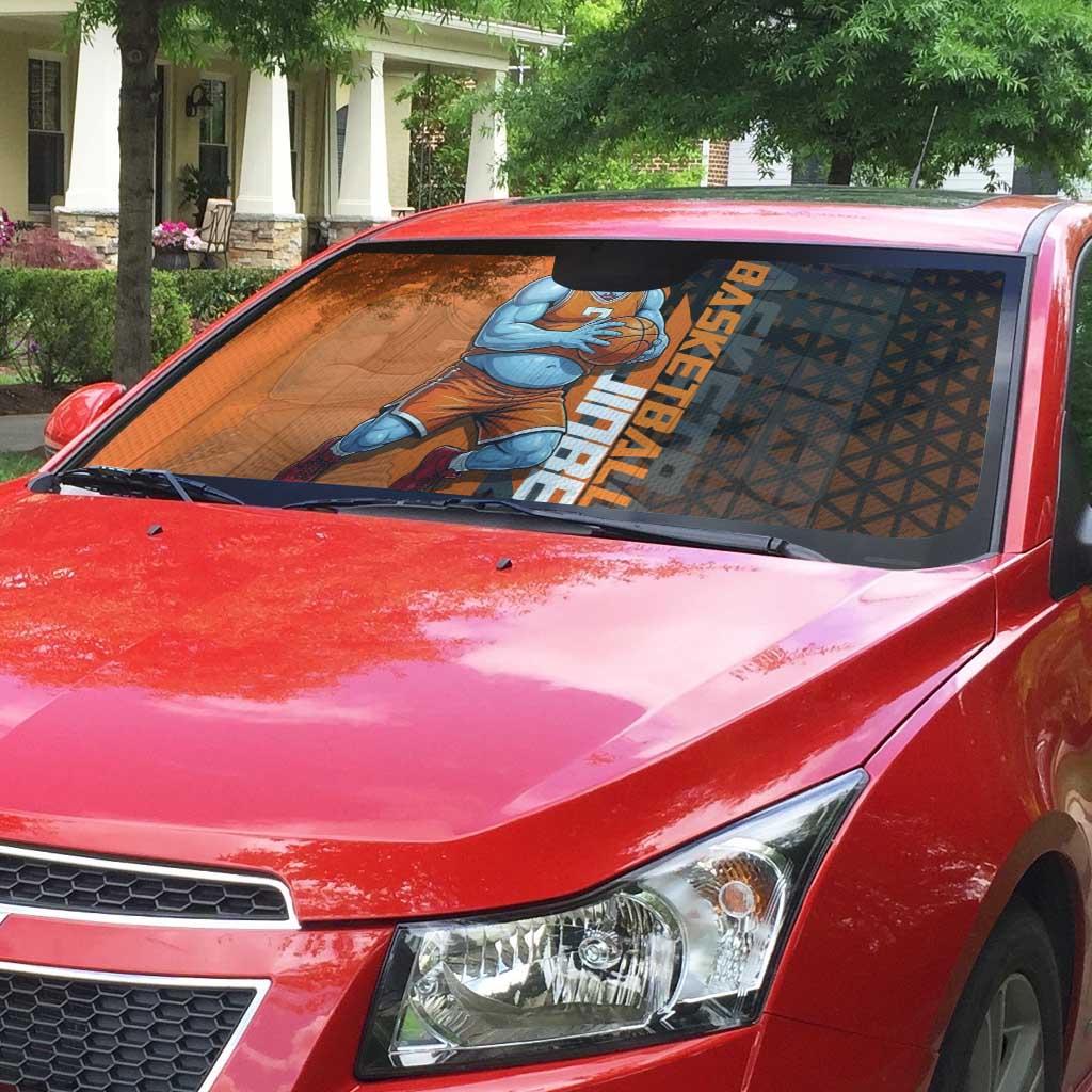 Jinbe One Piece Basketball Theme Orange and Black Design Auto Sun Shade with Powerful Pose and Sun Pirates Emblem - The Mazicc