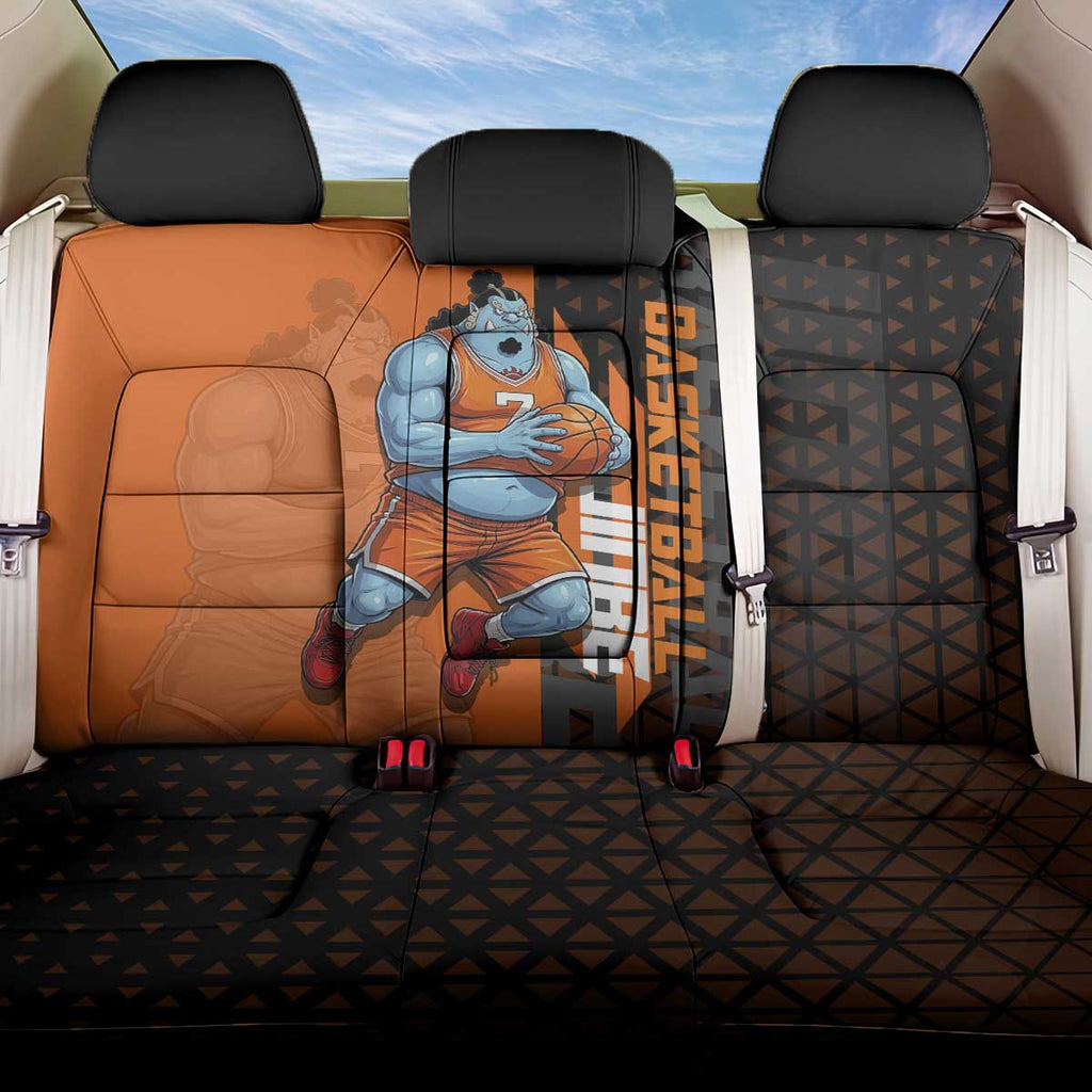Jinbe One Piece Basketball Theme Orange and Black Design Back Car Seat Cover with Powerful Pose and Sun Pirates Emblem - The Mazicc