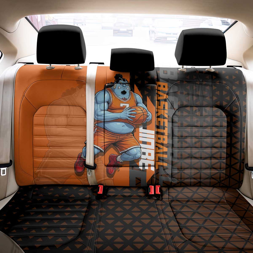 Jinbe One Piece Basketball Theme Orange and Black Design Back Car Seat Cover with Powerful Pose and Sun Pirates Emblem - The Mazicc