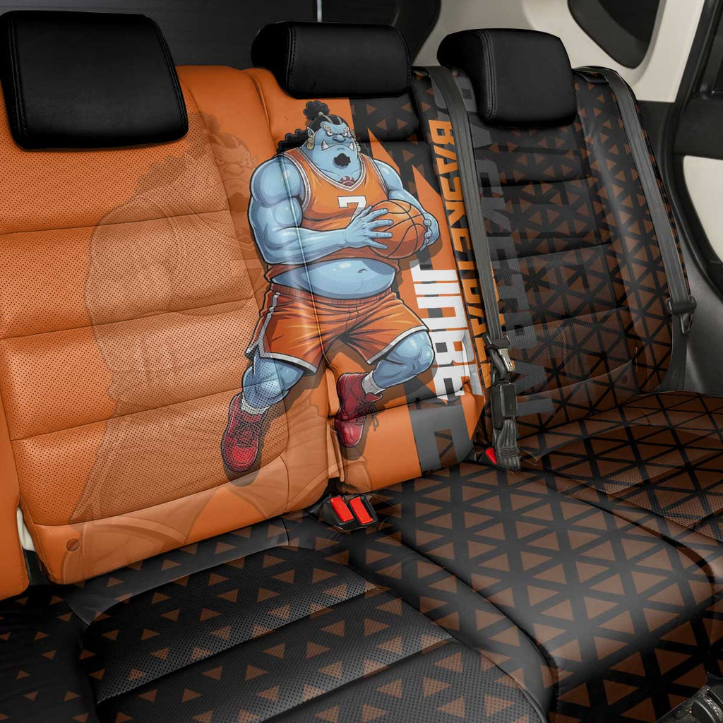 Jinbe One Piece Basketball Theme Orange and Black Design Back Car Seat Cover with Powerful Pose and Sun Pirates Emblem - The Mazicc