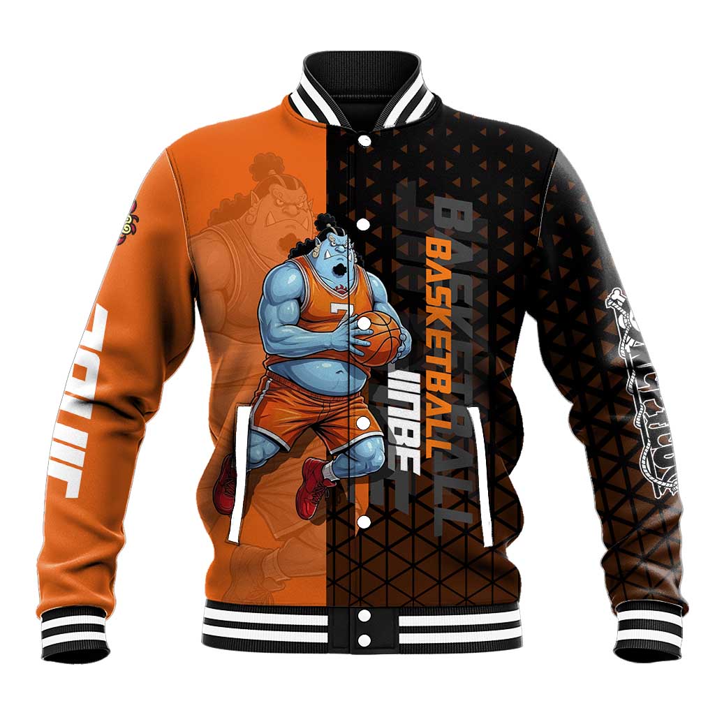 Jinbe One Piece Basketball Theme Orange and Black Design Baseball Jacket with Powerful Pose and Sun Pirates Emblem - The Mazicc