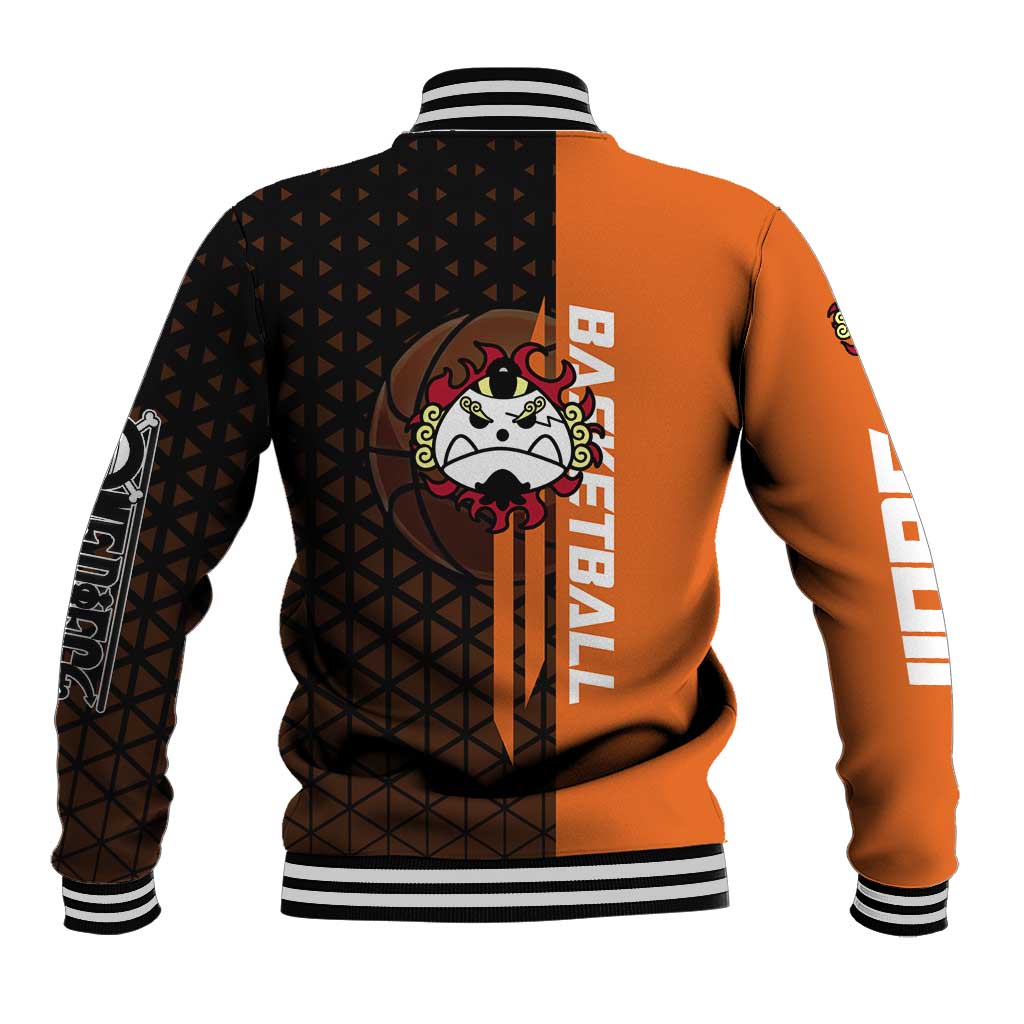 Jinbe One Piece Basketball Theme Orange and Black Design Baseball Jacket with Powerful Pose and Sun Pirates Emblem - The Mazicc