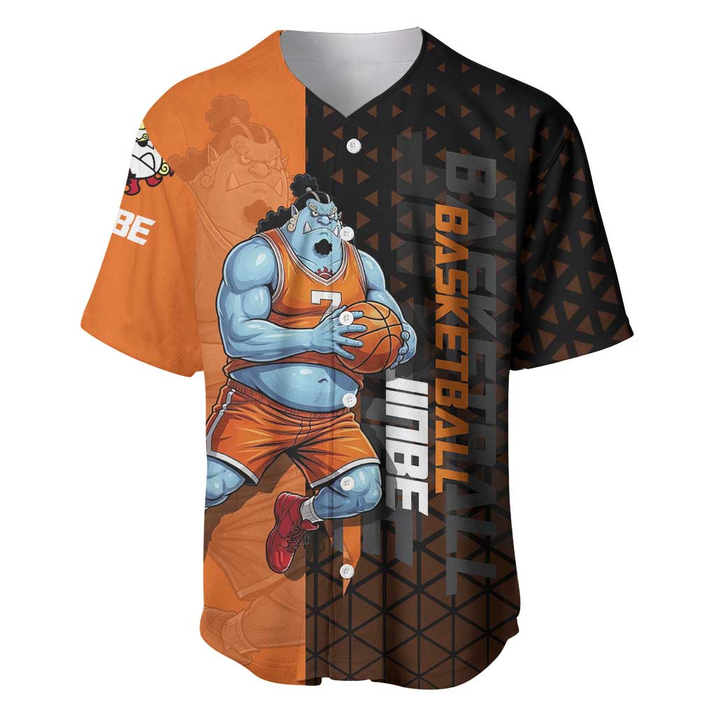 Jinbe One Piece Basketball Theme Orange and Black Design Baseball Jersey with Powerful Pose and Sun Pirates Emblem - The Mazicc