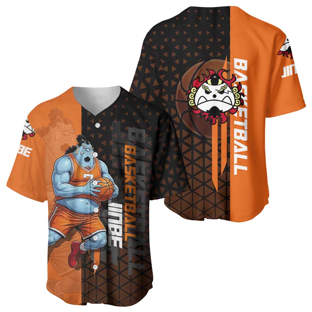 Jinbe One Piece Basketball Theme Orange and Black Design Baseball Jersey with Powerful Pose and Sun Pirates Emblem - The Mazicc