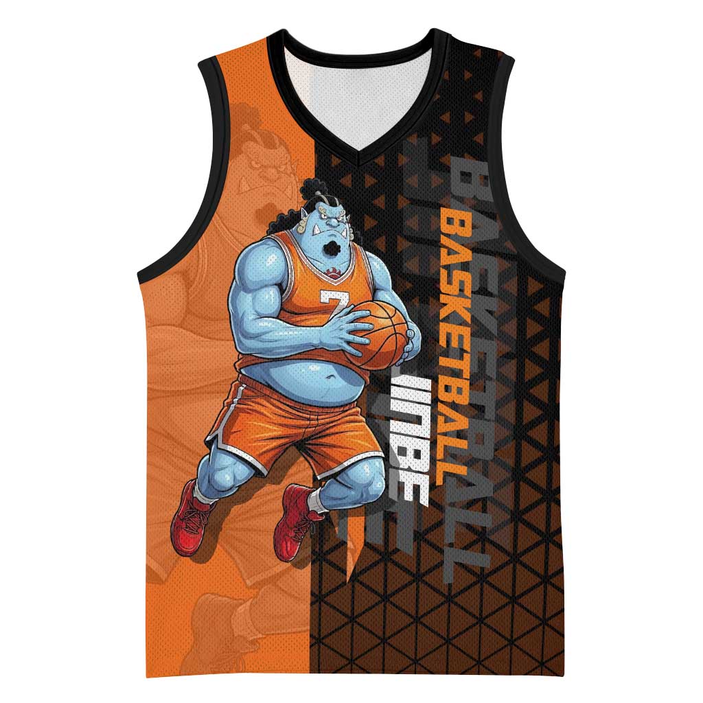 Jinbe One Piece Basketball Theme Orange and Black Design Basketball Jersey with Powerful Pose and Sun Pirates Emblem - The Mazicc
