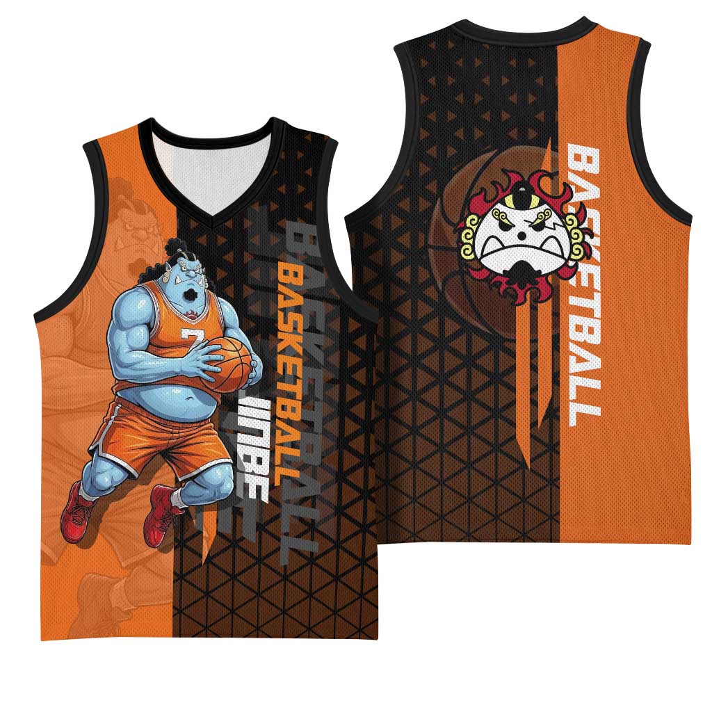 Jinbe One Piece Basketball Theme Orange and Black Design Basketball Jersey with Powerful Pose and Sun Pirates Emblem - The Mazicc