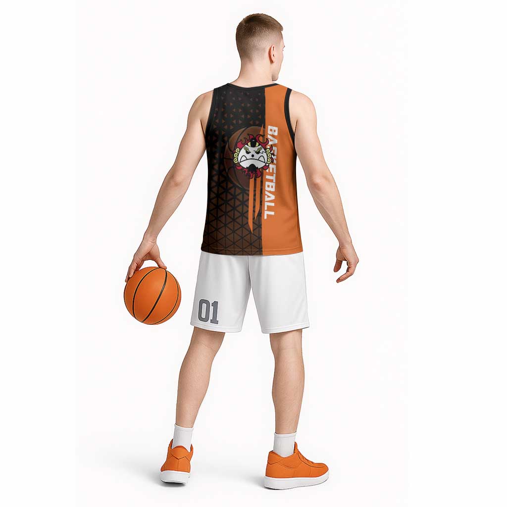 Jinbe One Piece Basketball Theme Orange and Black Design Basketball Jersey with Powerful Pose and Sun Pirates Emblem - The Mazicc