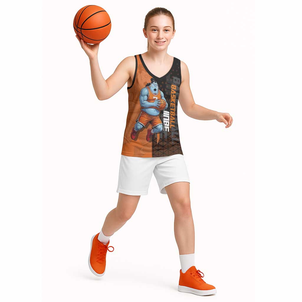 Jinbe One Piece Basketball Theme Orange and Black Design Basketball Jersey with Powerful Pose and Sun Pirates Emblem - The Mazicc