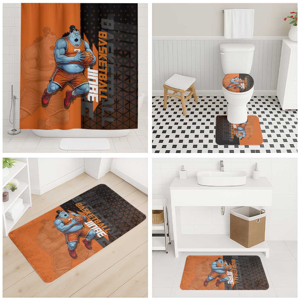 Jinbe One Piece Basketball Theme Orange and Black Design Bathroom Set with Powerful Pose and Sun Pirates Emblem - The Mazicc