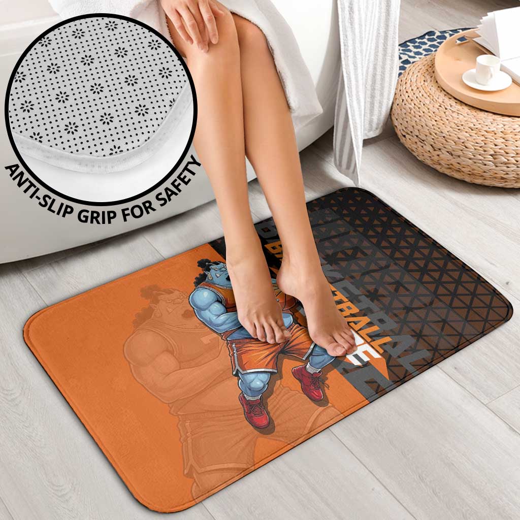 Jinbe One Piece Basketball Theme Orange and Black Design Bathroom Set with Powerful Pose and Sun Pirates Emblem - The Mazicc