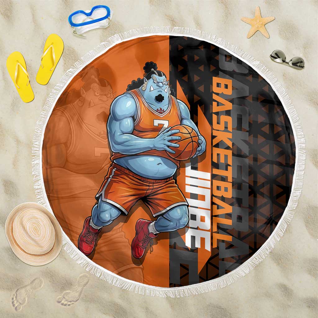 Jinbe One Piece Basketball Theme Orange and Black Design Beach Blanket with Powerful Pose and Sun Pirates Emblem - The Mazicc