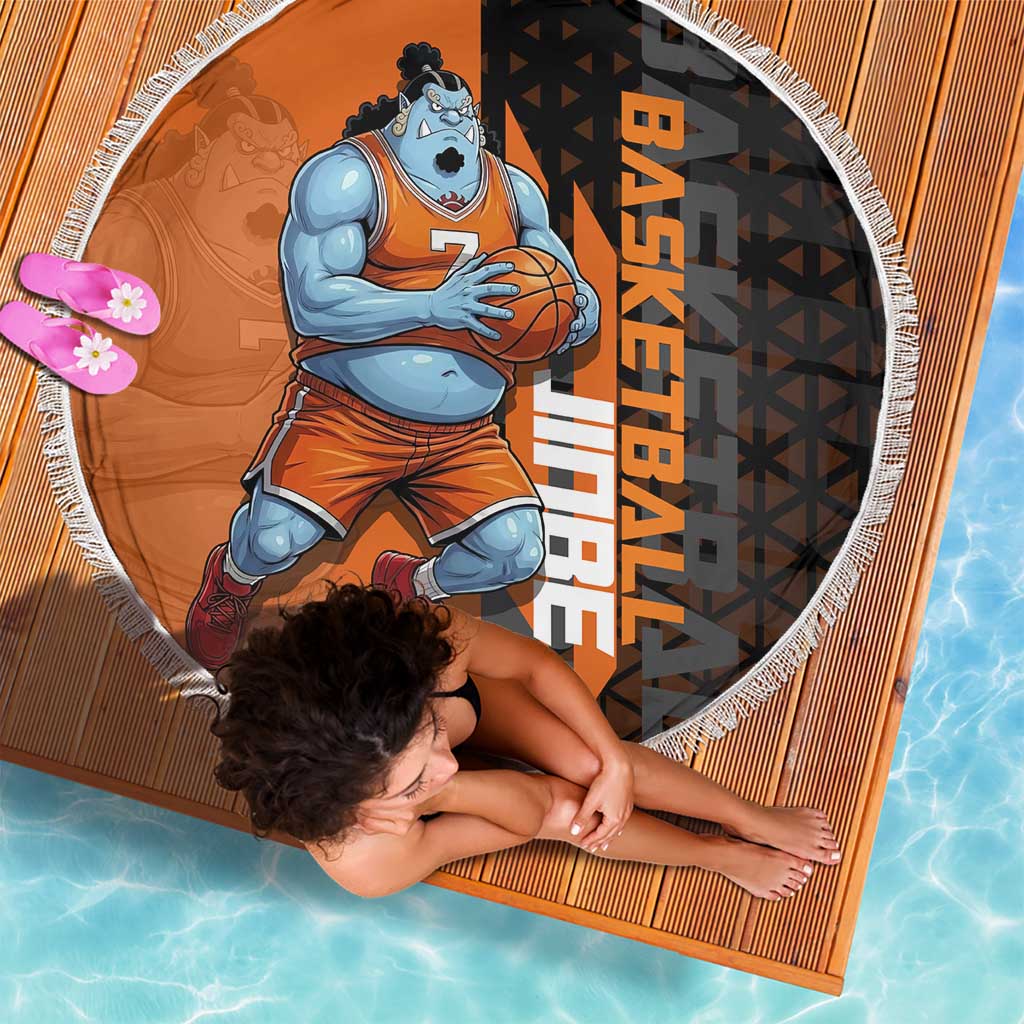 Jinbe One Piece Basketball Theme Orange and Black Design Beach Blanket with Powerful Pose and Sun Pirates Emblem - The Mazicc