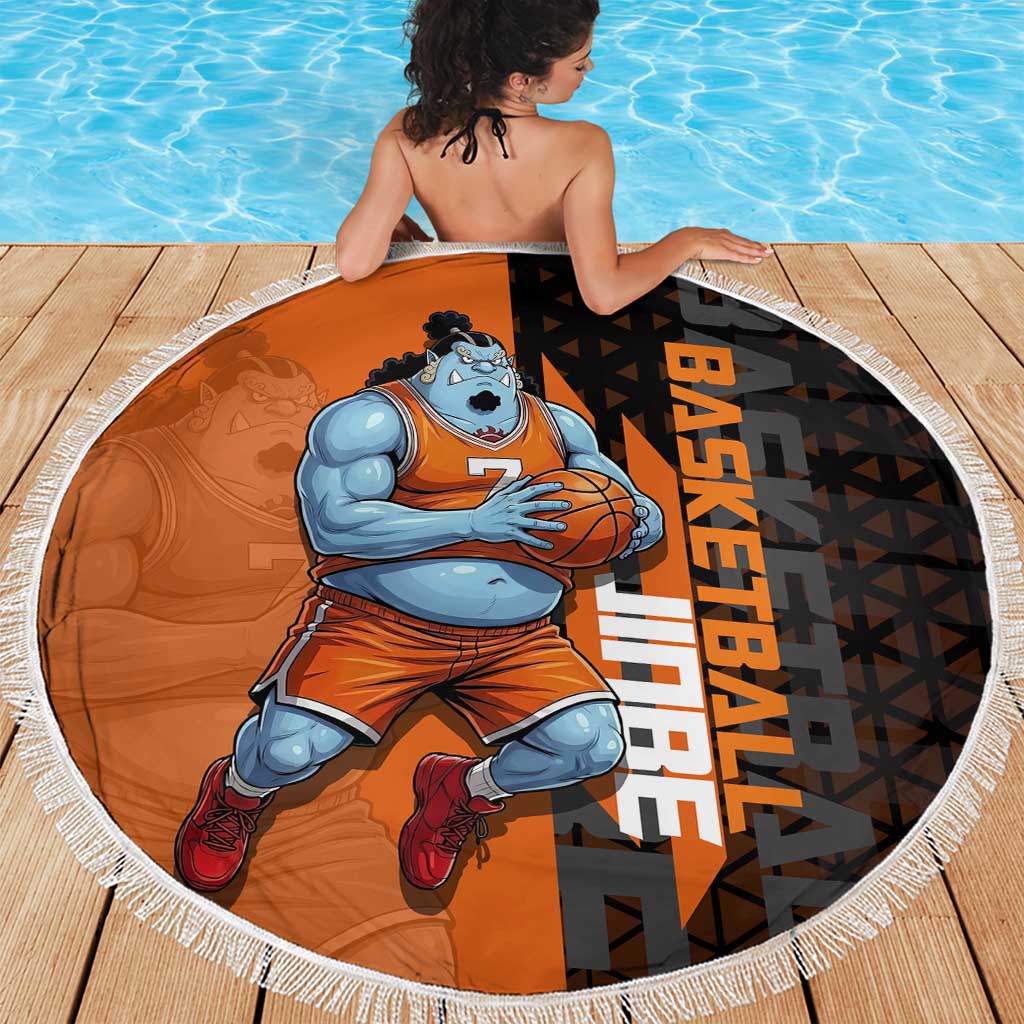 Jinbe One Piece Basketball Theme Orange and Black Design Beach Blanket with Powerful Pose and Sun Pirates Emblem - The Mazicc