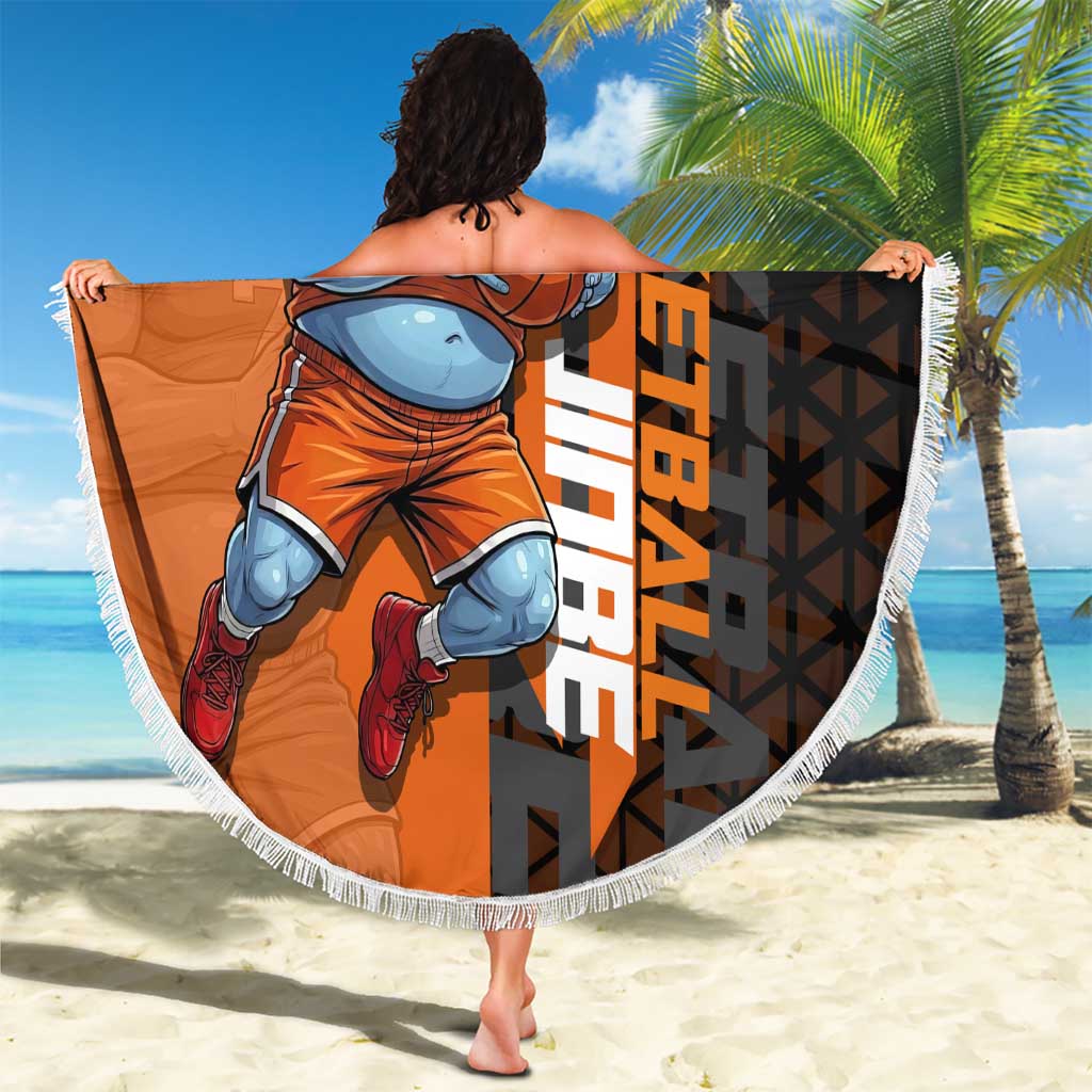 Jinbe One Piece Basketball Theme Orange and Black Design Beach Blanket with Powerful Pose and Sun Pirates Emblem - The Mazicc